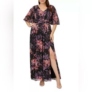 Adrianna Papell Flutter Sleeve Chiffon Evening Gown Dress Black Floral Size 16 W